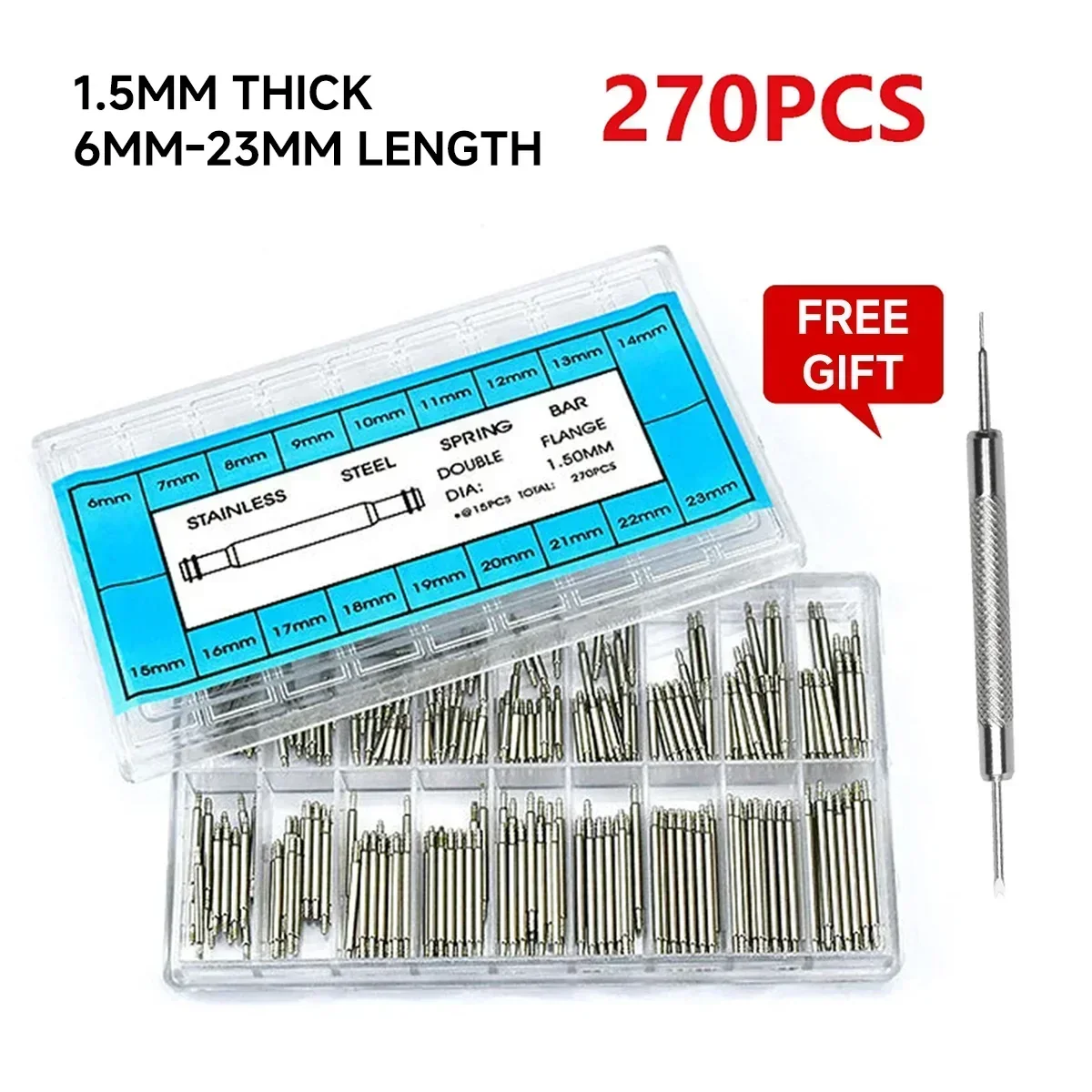 270pcs/set Strainless Steel Spring Bars Dia 1.5mm/1.8mm length8mm - 25mm/6mm - 23mm Watchband Strap Belt Watch Repair Tools Pin