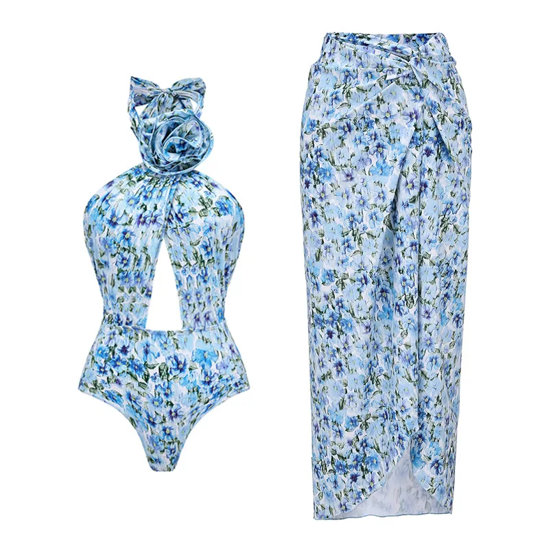 

2024 New Floral Decoration Hanging Ne Bal One-Piece Swimsuit Women's Wrap Skirt Swimwear Polyester Surfing Swimsuit
