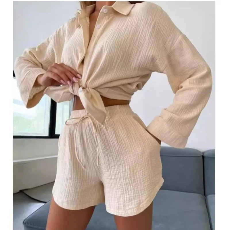 Women's Summer Short Sets Long Sleeve Shirts Tops+Loose Elastic Waist Mini Shorts Sets Cotton Solid Color Pleat Two Pieces Suit