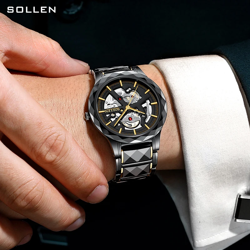 New Luxury Brand SOLLEN Japan MIYOTA Quartz Men\'s Watches Waterproof Skeleton Steel Relogio Masculino Ceramic Band Clock SL207