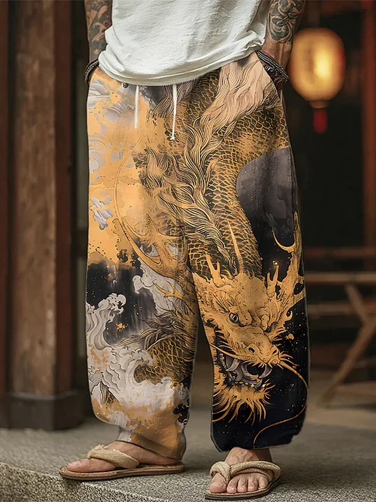 

2026 Fashion Cool Gothic Japanese Golden Dragon 3D Printed Loose Straight Leg Pants Street Harajuku Casual Sports Pants