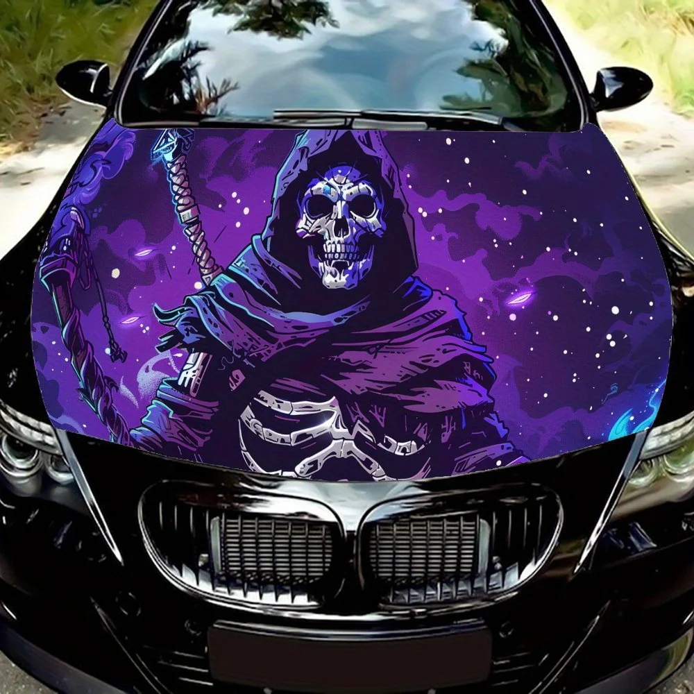

Dark Illusion Purple Death Reaper Car Hood Vinyl Wraps Decal, Auto Exterior Protective Sticker, Waterproof Self-adhesive Car Bod
