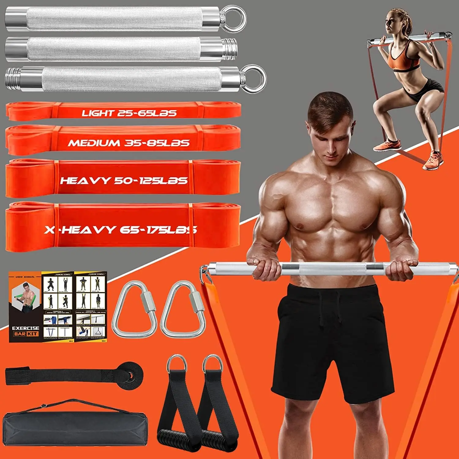

500LB Resistance Band Bar Set for Home Gym, 4 Stackable Bands, Door Anchor & Exercise Guide