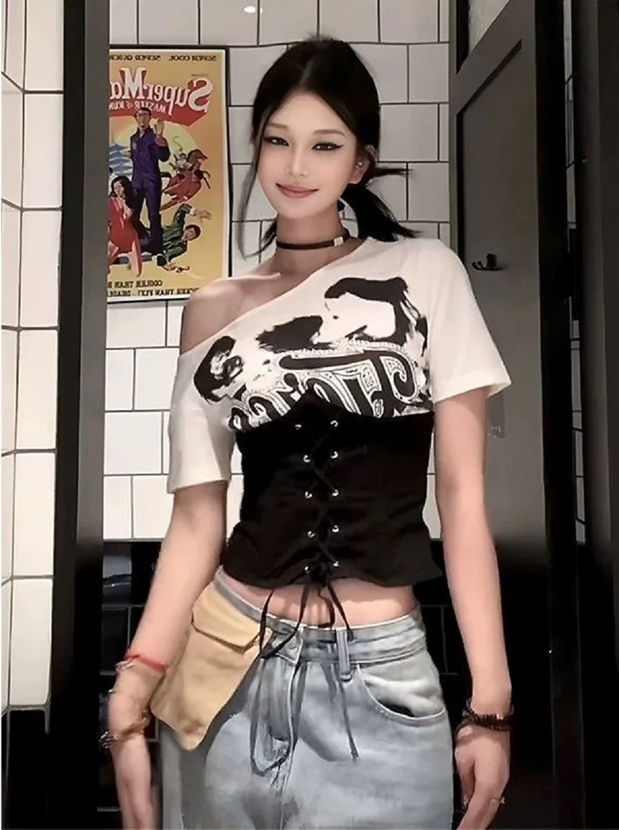 

American Off-Shoulder T-Shirt Women Summer New Contrasting Color Splicing Straps Ties Waist Slim Fit Hot Girl Off-Shoulder Top