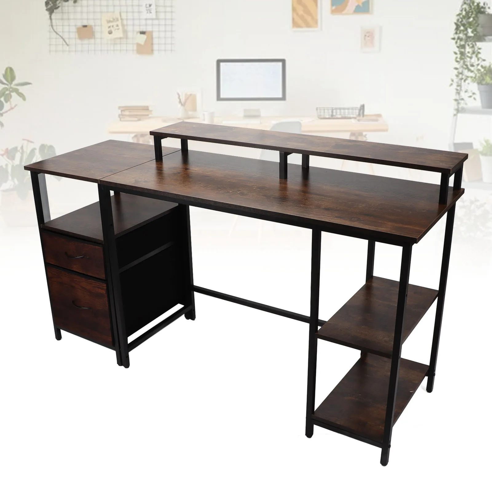 

Home Office Computer Desk Industrial Computer Table Vintage Computer Desk with Raised Shelf for Home Office