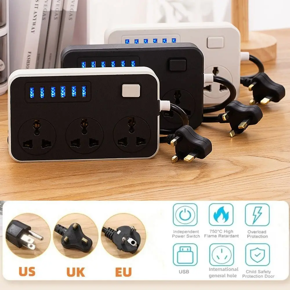 UK EU US Outlet Power Strip Universal Plug 2m Extension Cord Surge-Protected Power Strip Power Button Safe 3-Outlets