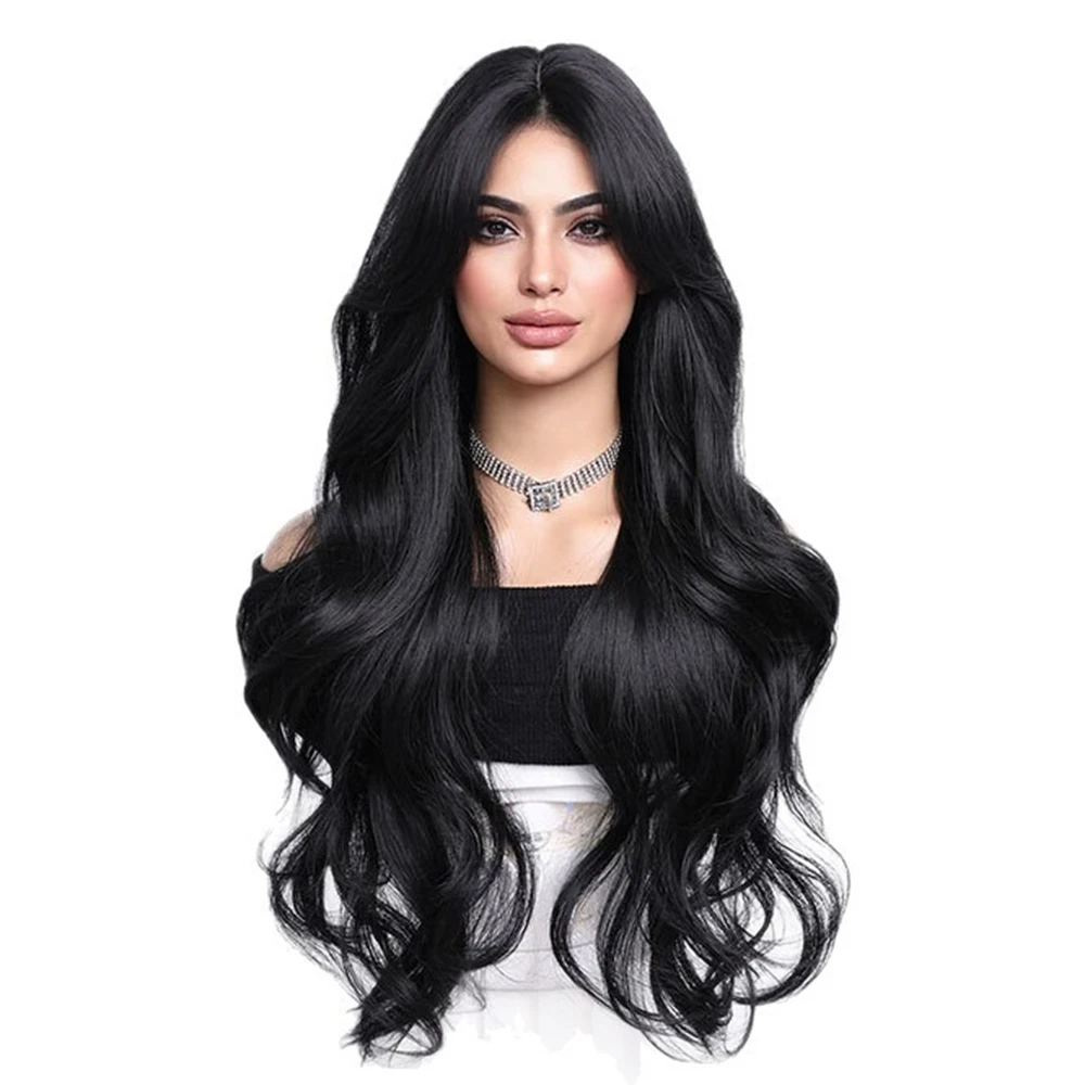 شعر مستعار طويل مموج صناعي طبيعي مع غرة شعر طويل مجعد للنساء للاستخدام اليومي شعر مستعار من الألياف عالي الجودة مقاوم للحرارة