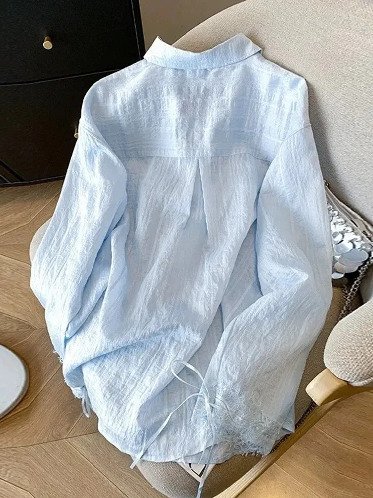 Zoki Blue Sweet Sun Proof เสื้อผู้หญิง Lace Patchwork เกาหลีเสื้อหลวมแฟชั่นแขนยาว Elegant หญิงสบายๆเสื้อน่ารัก