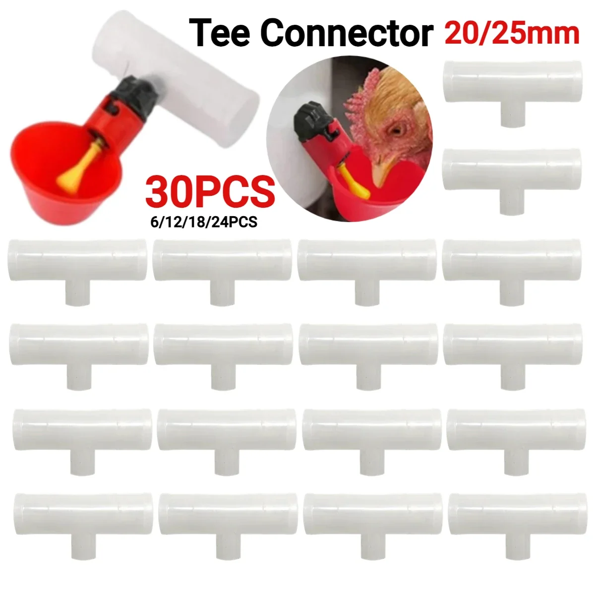 6-30PCS Automatic Chicken Drinker Bowl Bird Water Cups PVC Tee Fittings 20/25mm Plastic Livestock Drinking Feeder Tee Connector