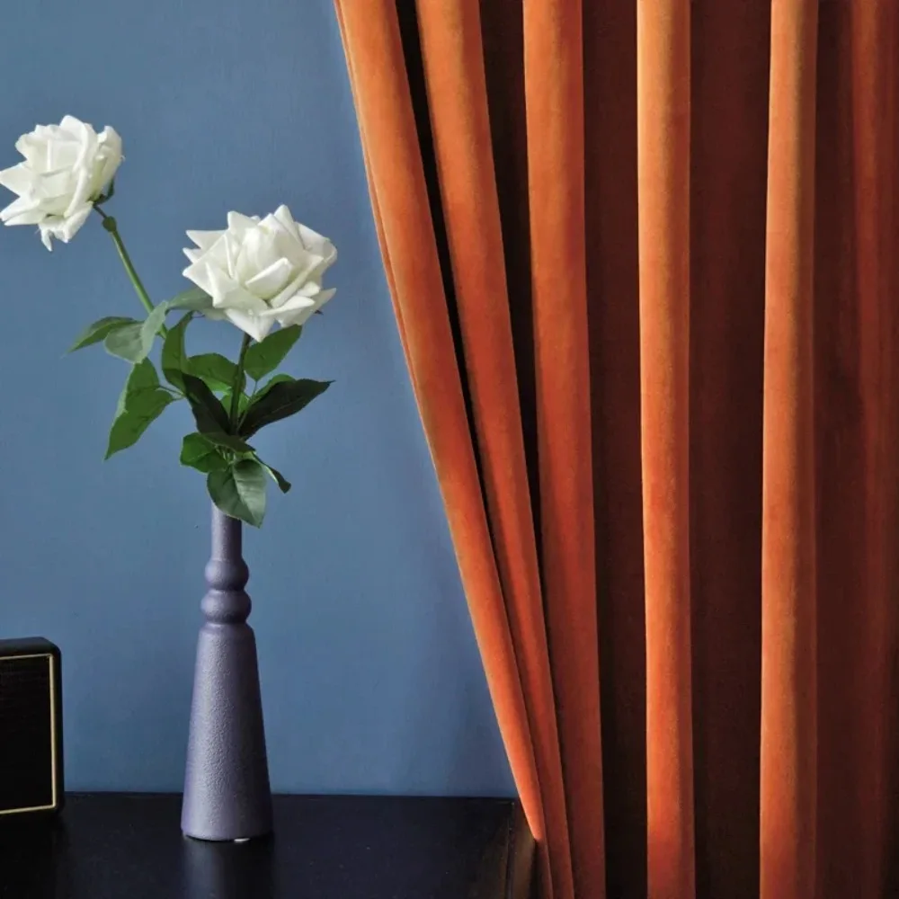 

Modern Simple Light Luxury High-grade Orange Velvet Curtains for Living Room Bedroom Dining Custom Size Retro