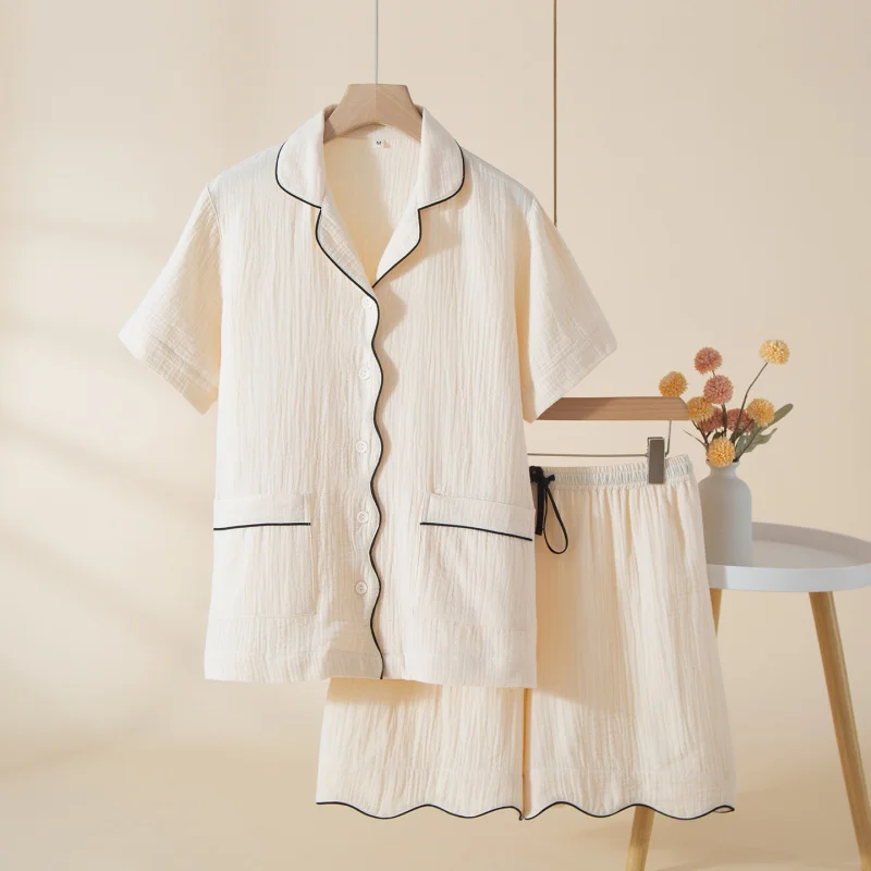 2pcs Women's Pajama Set Casual Simple Style 100% Cotton Crepe Lapel Collar Short Sleeve Shorts Soft Breathable Loose Wearable Ou
