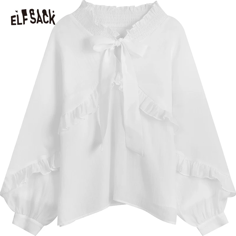 ELFSACK White French Ruffled Chiffon Blouses Women 2023 Spring Long Sleeve Basic Tops