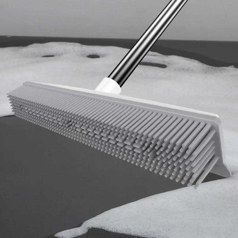 long handle rubber broom with squeegee, no scratch carpet rake, efficient pet hair remover for fluff carpet and hardwood floor