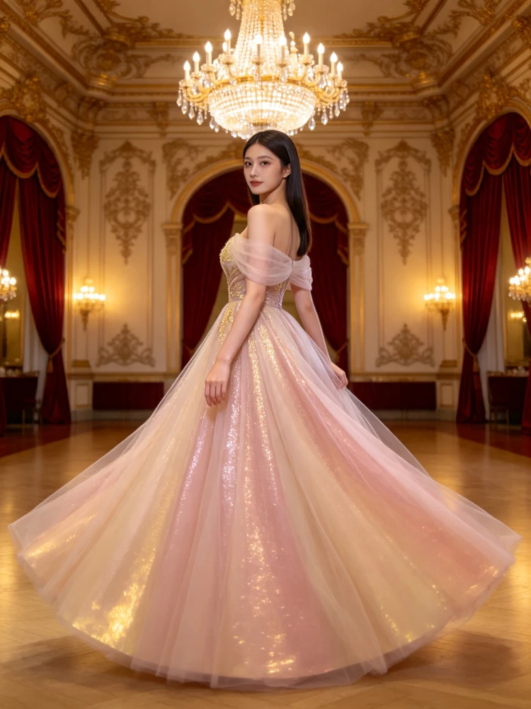 Customized Off Shoulder Sweetheart Glitter Tulle Evening Dresses Women Gradient Pink Champagne A Line Floor Length Formal Prom