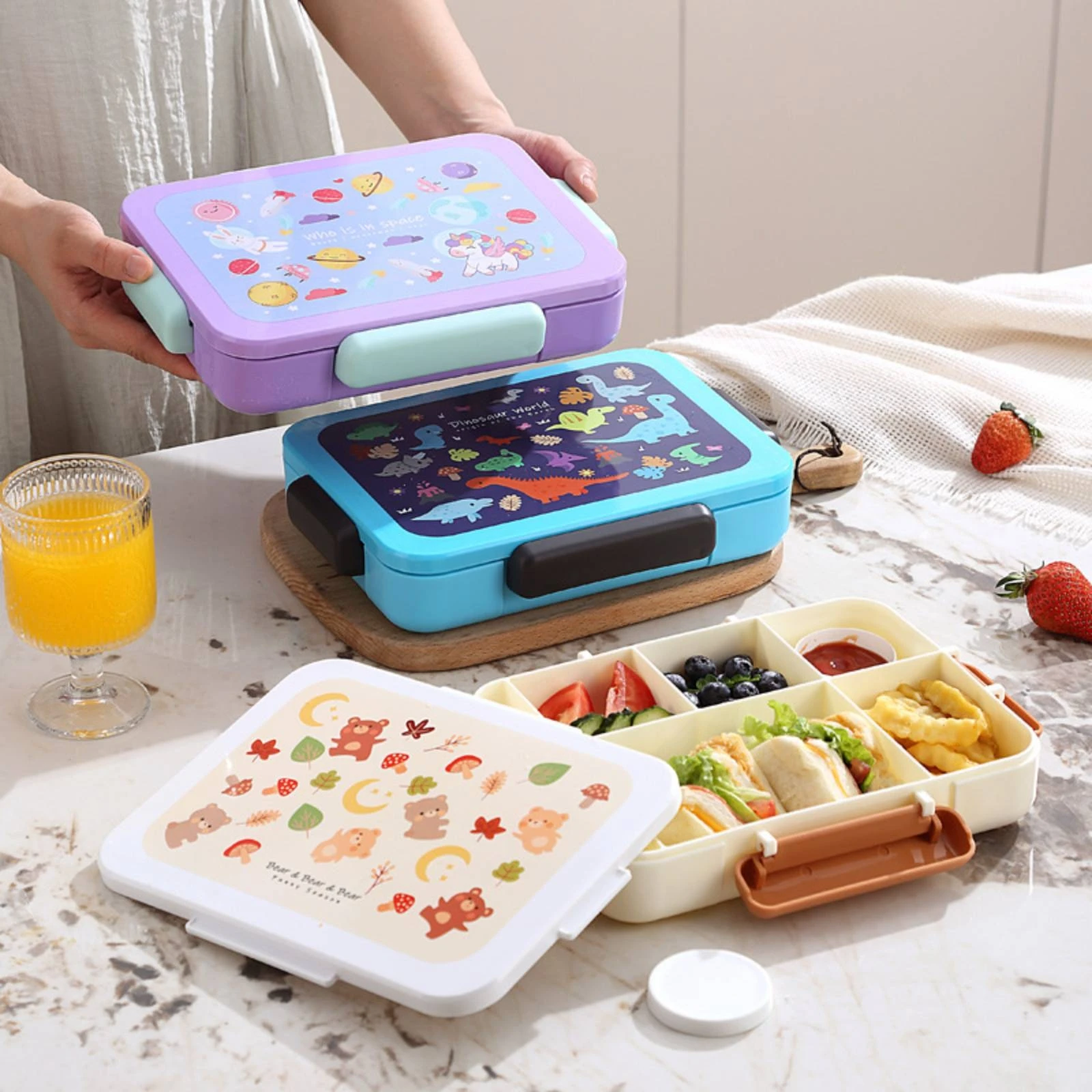 Bento-Box, tragbare Lunchbox für die Mikrowelle, Lebensmittelbehälter mit 3 Fächern, leicht zu reinigen, Küchenbedarf, stapelbar, für Schule, Cafeteria