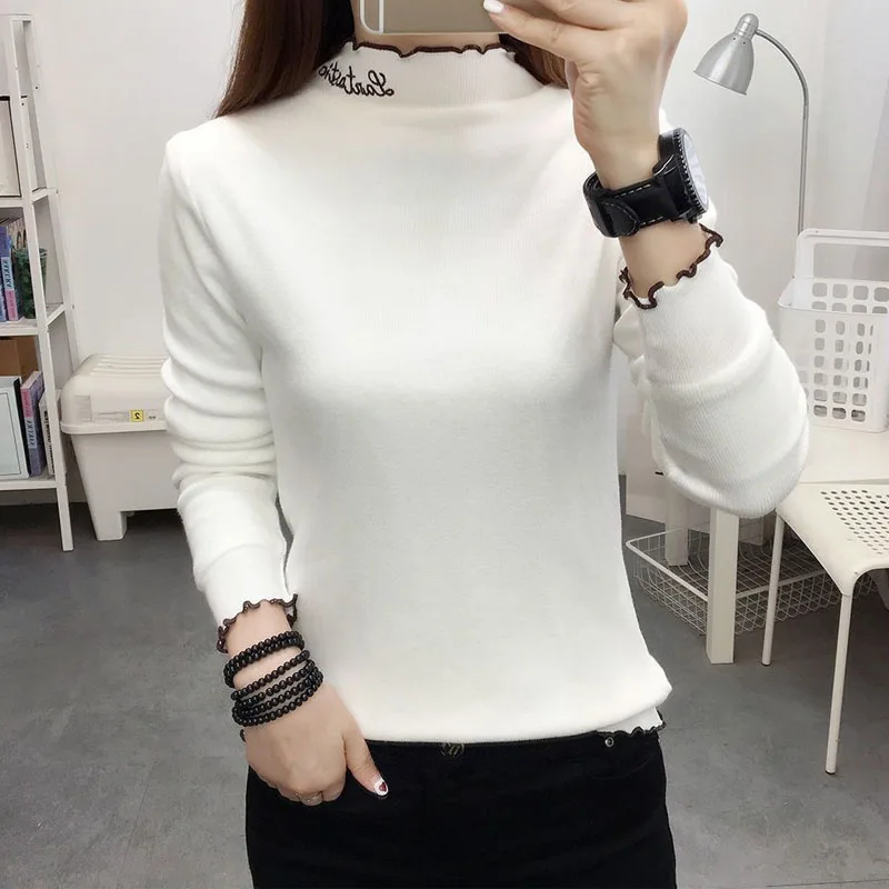 

Autumn Winter Korean Embroidery Warm Solid Color Sweaters Women's Clothing 2022 Fashion Half High Collar Fleece Slim Jumpers