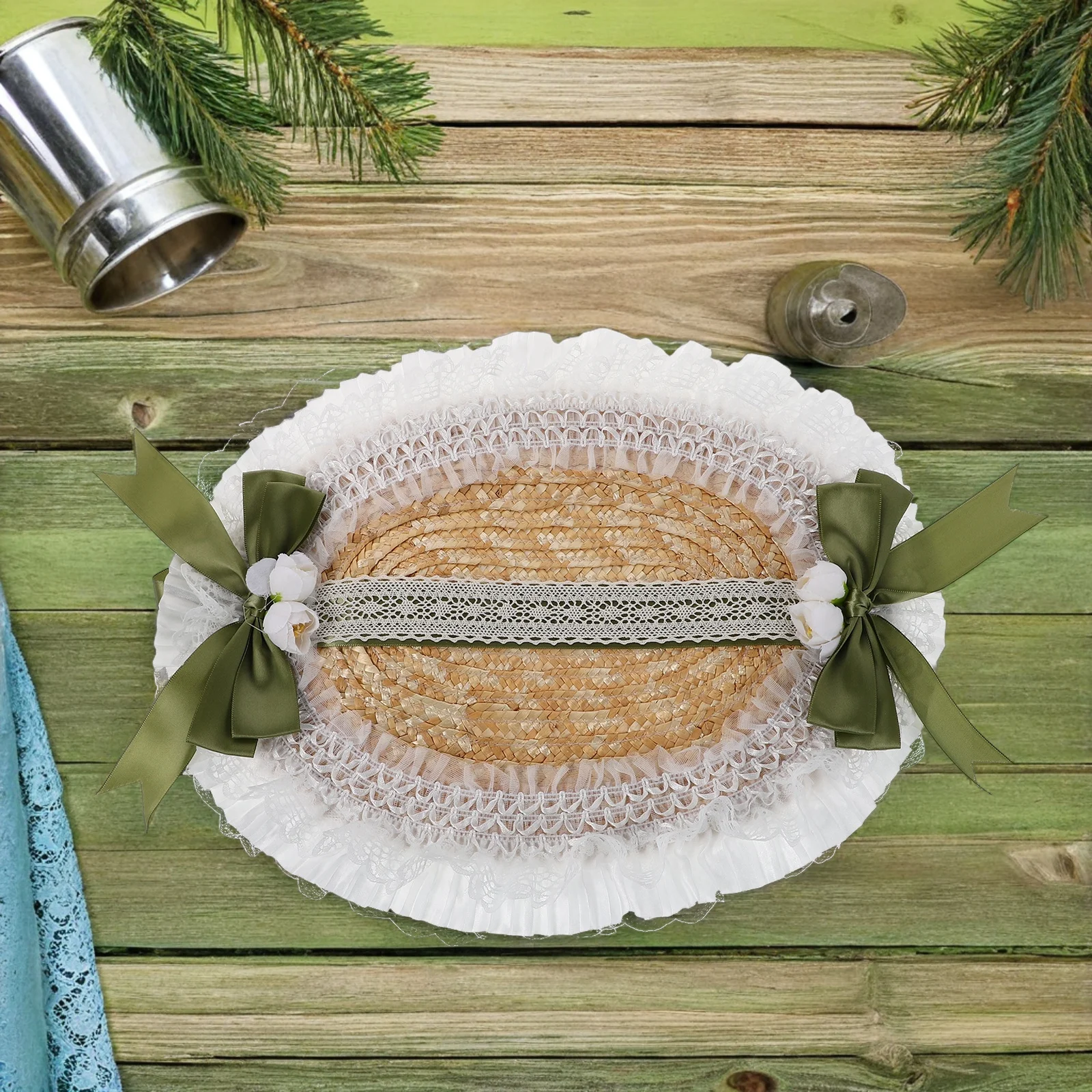 لوليتا قبعة القش الحلو Cottagecore قبعة الشمس مع لهجات الأزهار قابل للتعديل ربطة القوس فيونكة للصيف في الهواء الطلق حديقة حفل زفاف #4