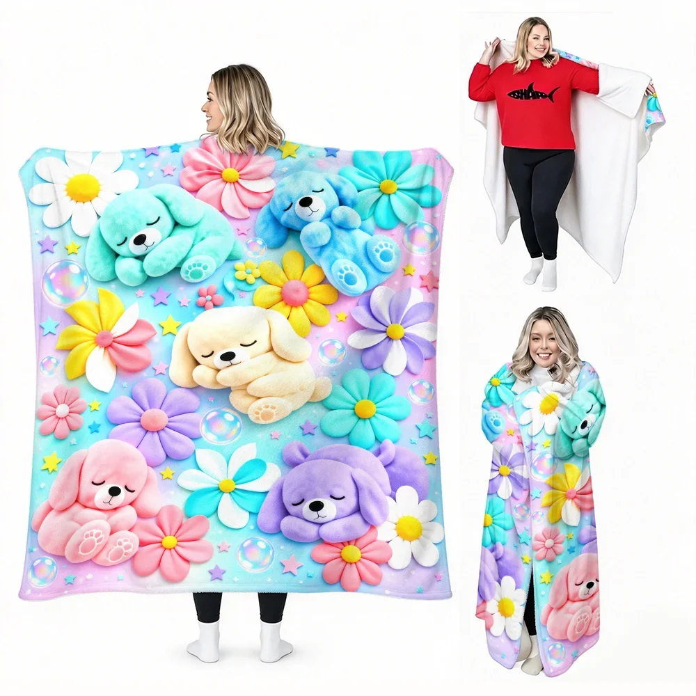 1pc Cute Puppy and Flower Print Wearable Blanket-Soft and comfortable, perfect for casual, gift-giving and everyday use.
