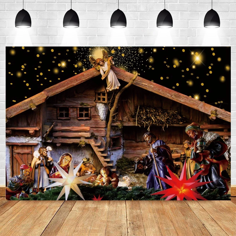 Birth of Jesus Backdrop Christmas Night Manger Nativity Scene Photography Background Kids Newborn Christianity Photoshoot Props