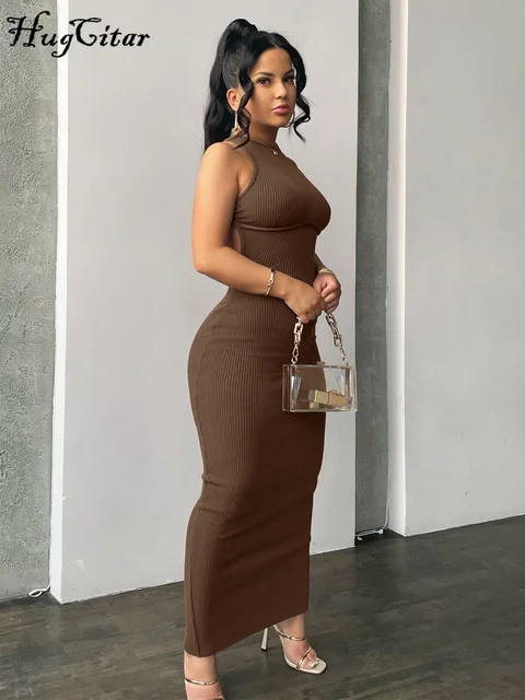 Hugcitar prążkowany jednolity, drążony, bez pleców, bez rękawów seksowna rozcięcie Mini sukienka Bodycon 2025 wiosenne stroje damskie elegancka impreza Y2K