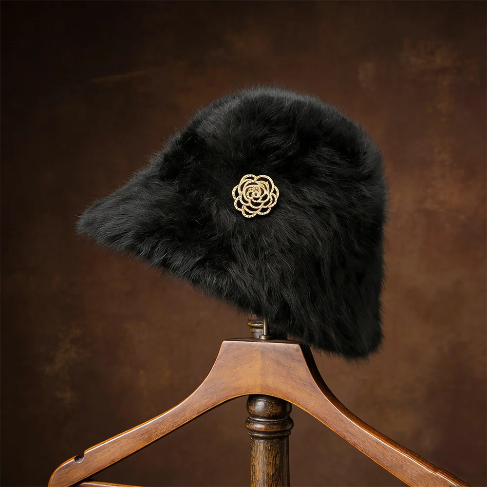 

Classic Faux Rabbit Fur Bucket Hat for Women Camellia Embellished Winter Warm Fluffy Fisherman Cap