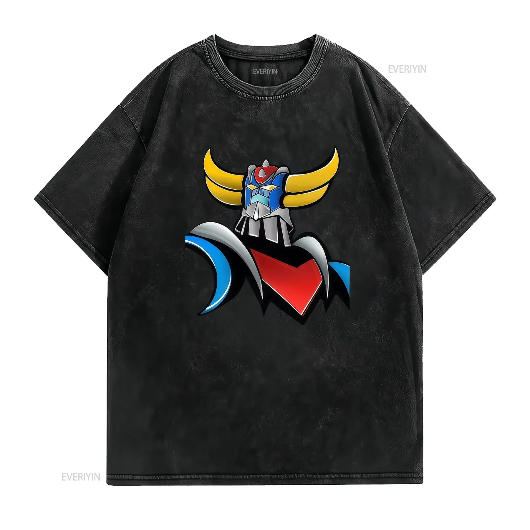 T shirt Goldorak Grendizer Col rond décontracté Tissu légèrement extensible Coupe régulière Motif imprimé Parfait pour vintage