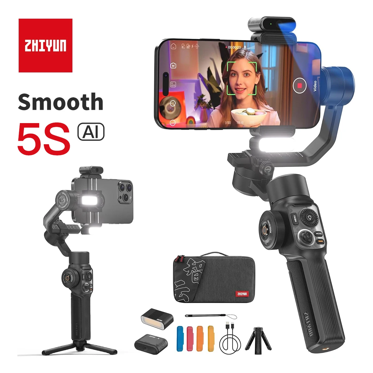 Стабилизатор ZHIYUN Smooth 5S AI, 3-осевой шарнирный стабилизатор для смартфонов iPhone 15 Pro Max и Android с трекером AI для видеозаписи