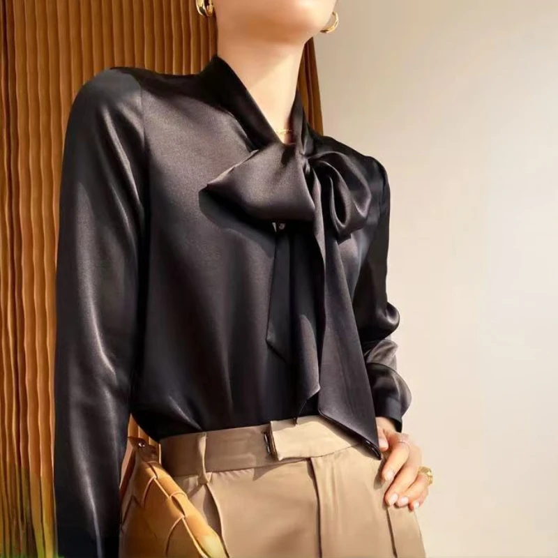 Brand Quality Spring Summer Oversized Elegant Fashion Satin Silk Bow Shirt Office Lady  Long Sleeve Blouses Femme Cardigan Tops