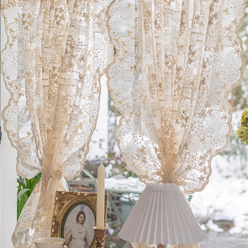 Korean Pastoral Cream Lace Embroidered Tulle Window Curtains for Living Room Bedroom Dining Without Hole Punching Small Window