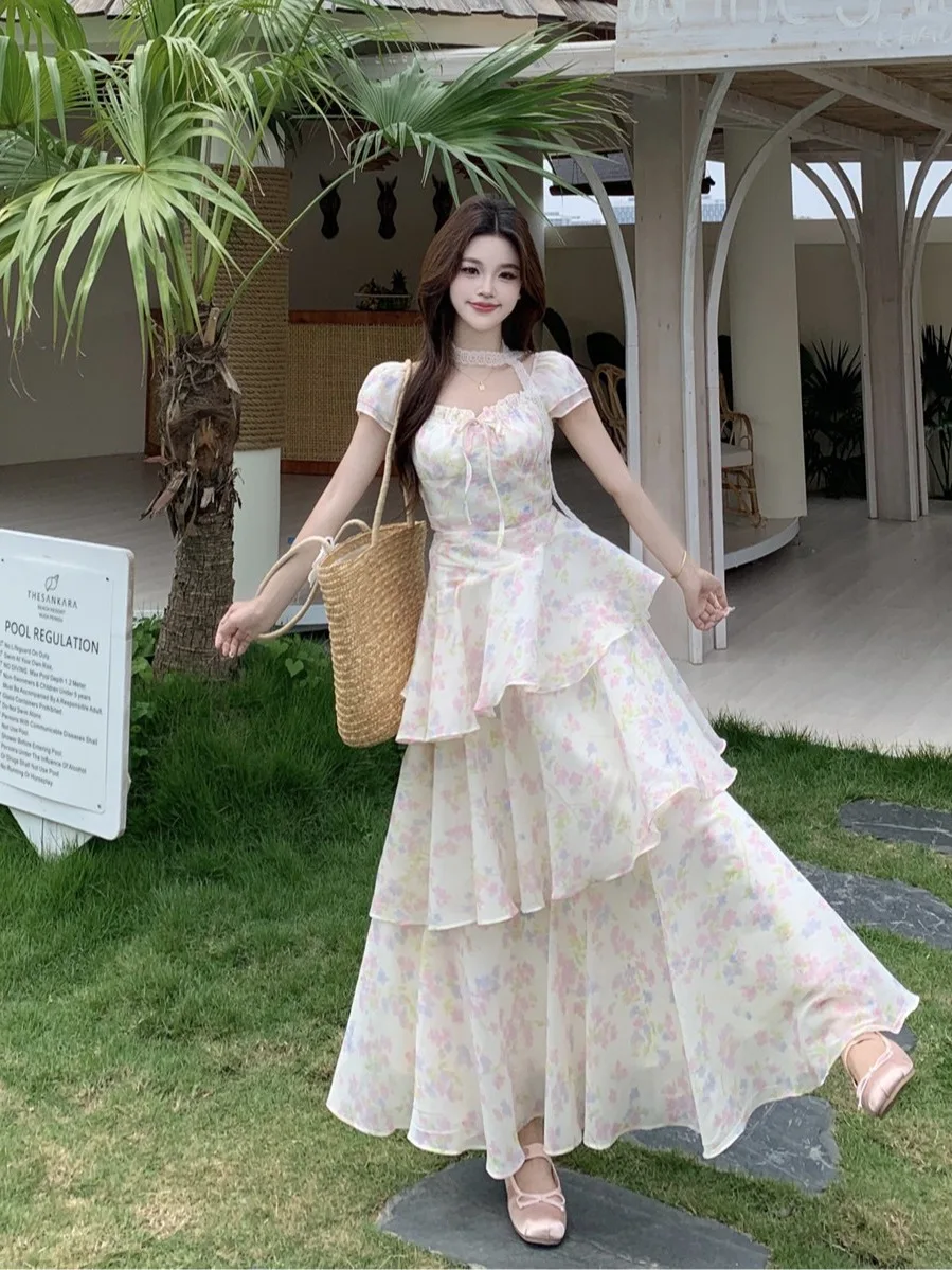 

Sweet Style plus Size Women's Dress Floral Print Short Sleeve A-Line Skirt High Waist Summer New Fashion Commute Korean Version