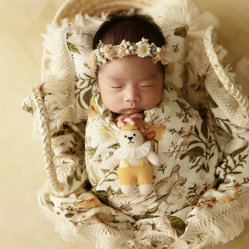 Newborn Photography Props Soft Stretchable Printed Baby Swaddle Wrap Floral Pillow + Blanket +Bear Doll Studio Props Accessories