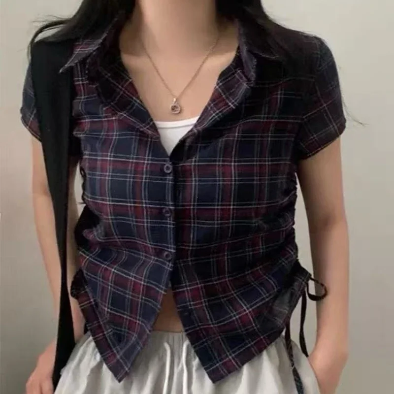 Chic Summer Vintage Versatile Turn-down Collar Small Button Side Gathered Design Ort Plaid Irt Women's Top Commute Sle