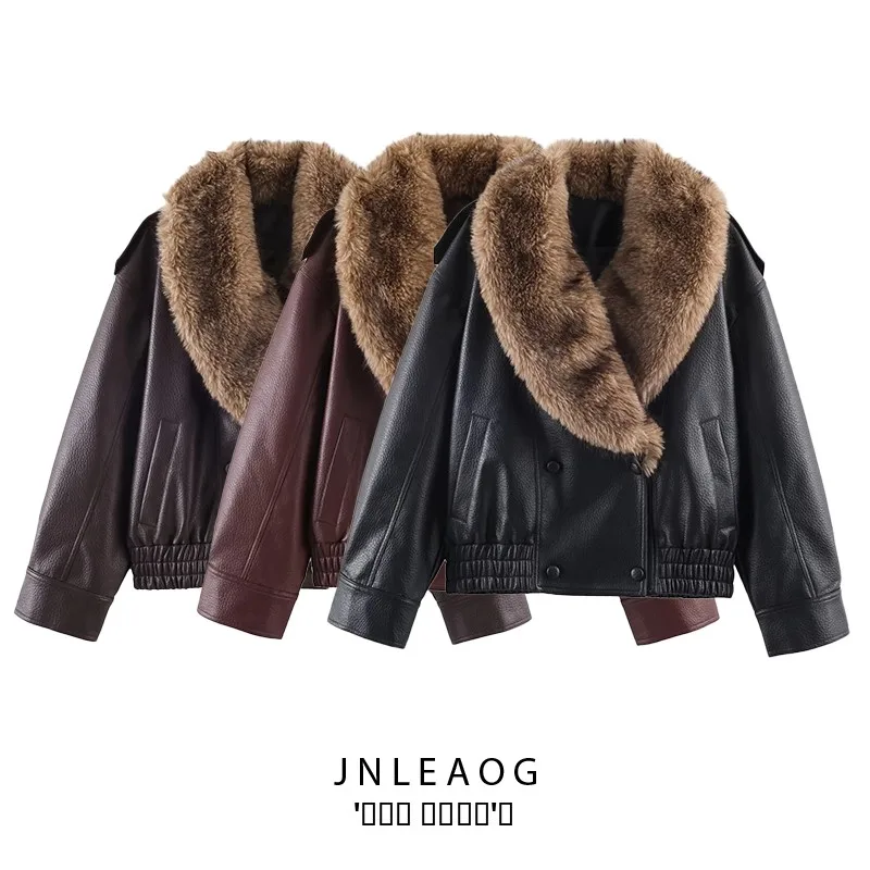 

JNLEAOG Women's Faux Leather Jaet Coat Detachable Collar Autumn New Sle Casual Busin Long Sve Polyester Fiber