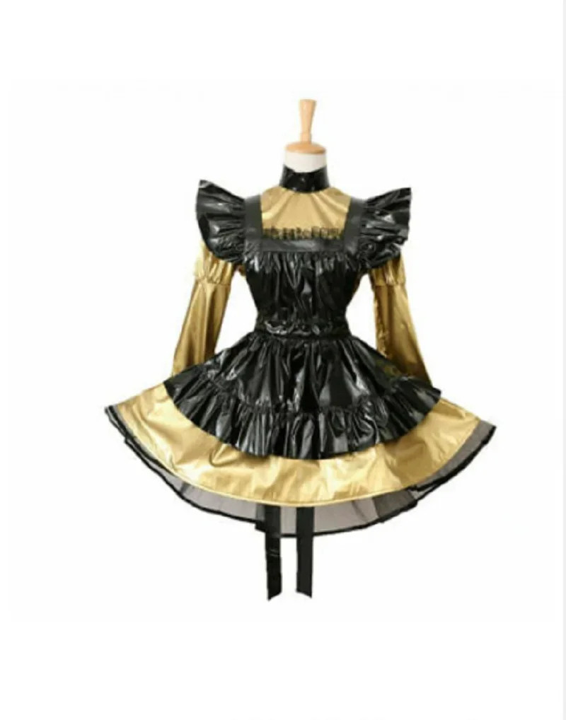 

Maid Cosplay Lockable Sissy Like Girls Lockable Gold PVC Sexy Dress Costume Drag Set Customized Glamour Adult