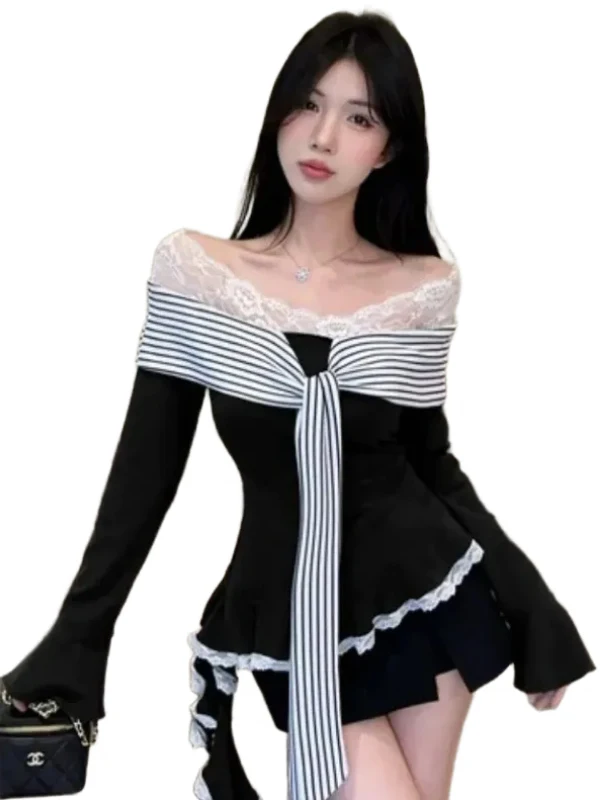 Korean Sle Lace Splice Tie One oulder Long Sve T-irt Women's Slimming Top for Autumn Winter Faion Commute Sle