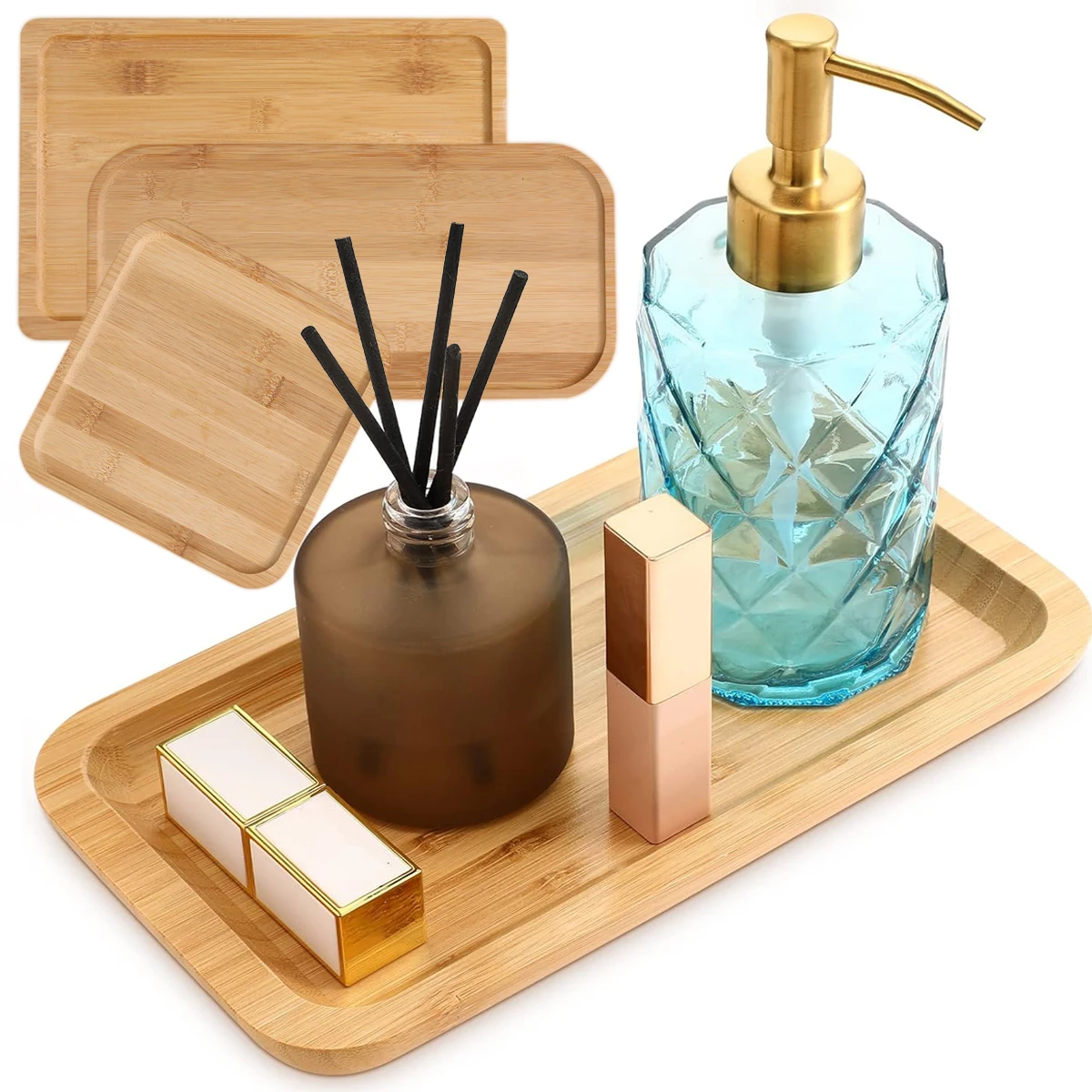 Bathroom Bamboo Vanity Tray Rectangular Wood Toilet Countertop Organizer Holder Counter Soap Dispense Candle Jewellery Tray