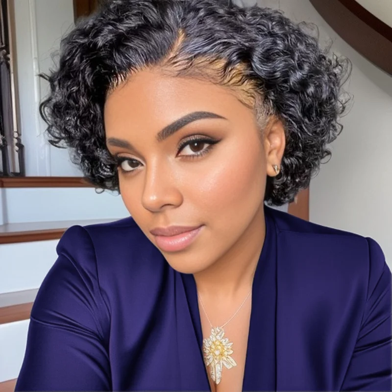 Short Curly Pixie Cut Lace Front Wigs 6 inch, 13X4X1 Human Hair