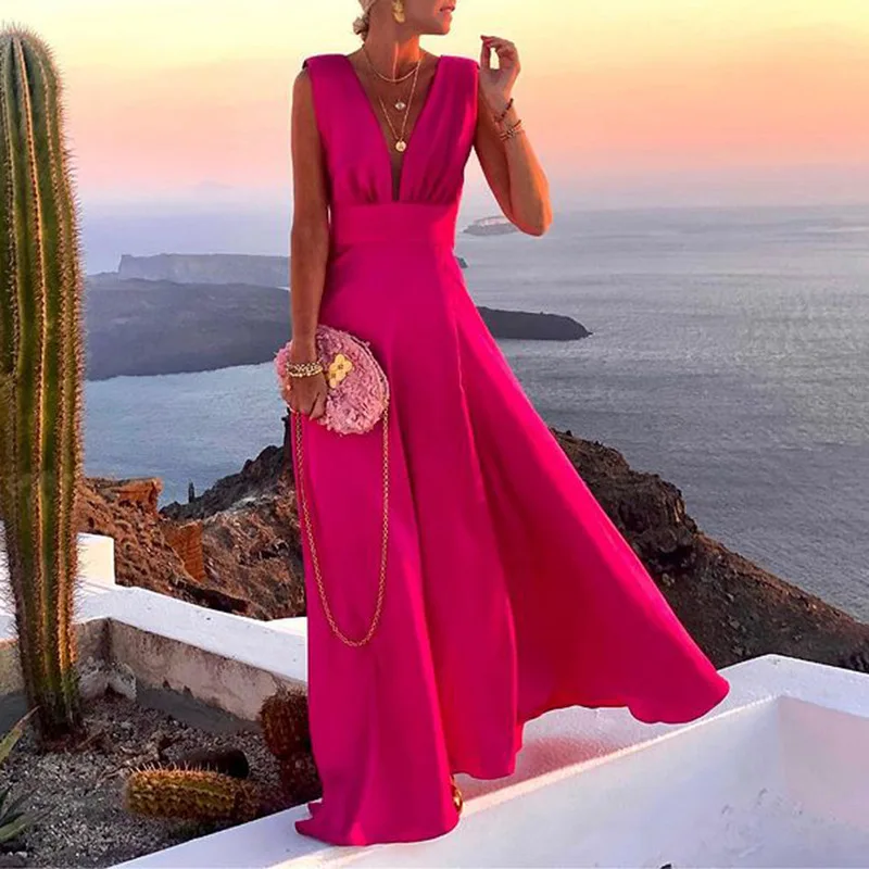 

Women Elegant Solid Color V Neck Party Dress Sexy Backless Ladies Sleeveless Beach Dress Vintage Female Summer Dress Vestido 3XL