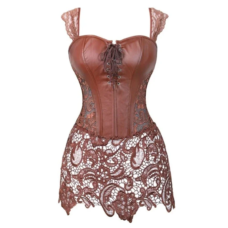 Womens Shoulder Straps Leather Corset Dress Faux Leahter Bustier Waist Cincher Steampunk Shaper Sexy Lingerie Lace Skirt Corsets