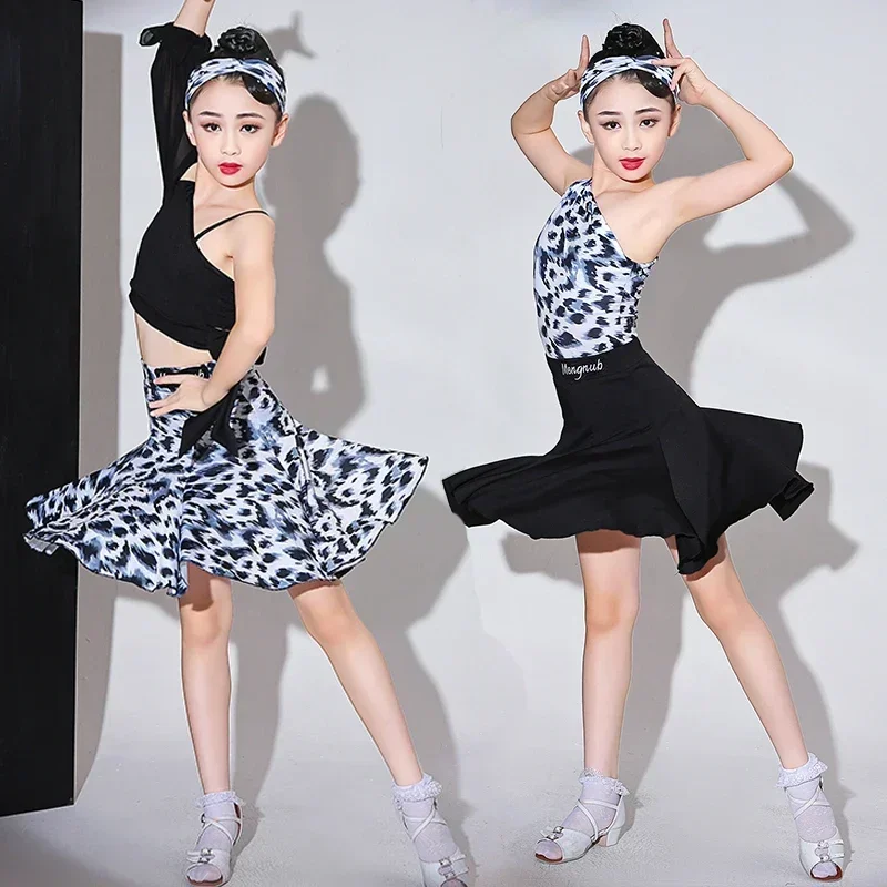 

Girls Latin Dance Dress Short Sleeve Ballroom Competition Practice Solid Tango Stage Performance Costumes Kids Dresses