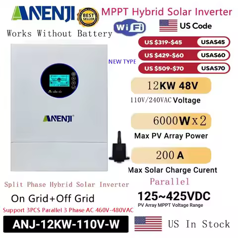 ANENJI 12KW 48V Hybrid Solar Inverter Split Phase Parallel Inverter 120V Pure Sine Wave On Grid MPPT 200A Solar Charger PV 500V