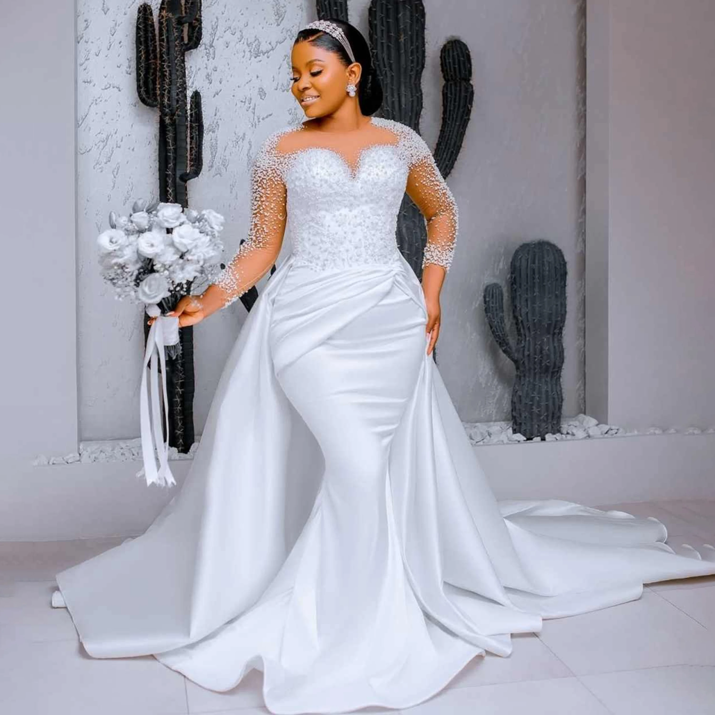 African O-Neck Wedding Dresses Sparkling Pearl Detachable Train Robe Long Sleeve Luxury Bridal Dress Vestido De Novia Customized