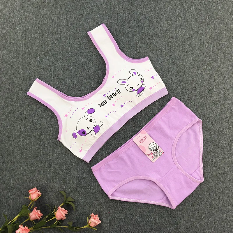 Cute Cartoon Rabbit Printing Girl Development Period Underwear Student Sports Vest Suit Girls Tube Top 8-16Y Training Bra Set