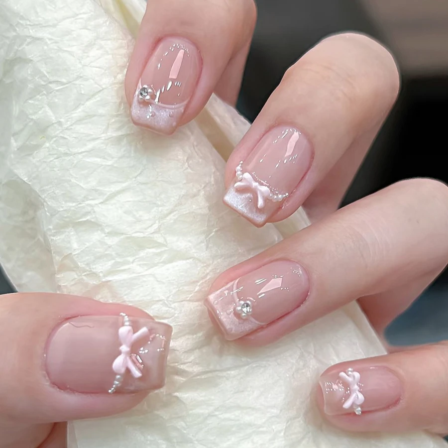 24 Uds. De uñas postizas cuadradas de Ballet, uñas postizas de color rosa desnudo, lazo de perla francesa, uñas postizas con diamantes de imitación