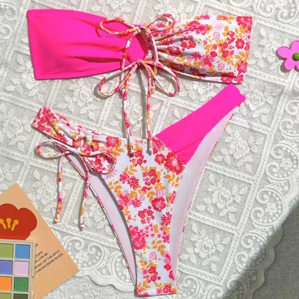 

New Sexy Printed Lace Up Bikini 2024 Women's Swimsuit Women's Swimsuit Two-Piece Set Thong Bikini Set Bath Lace Up Swimsuit