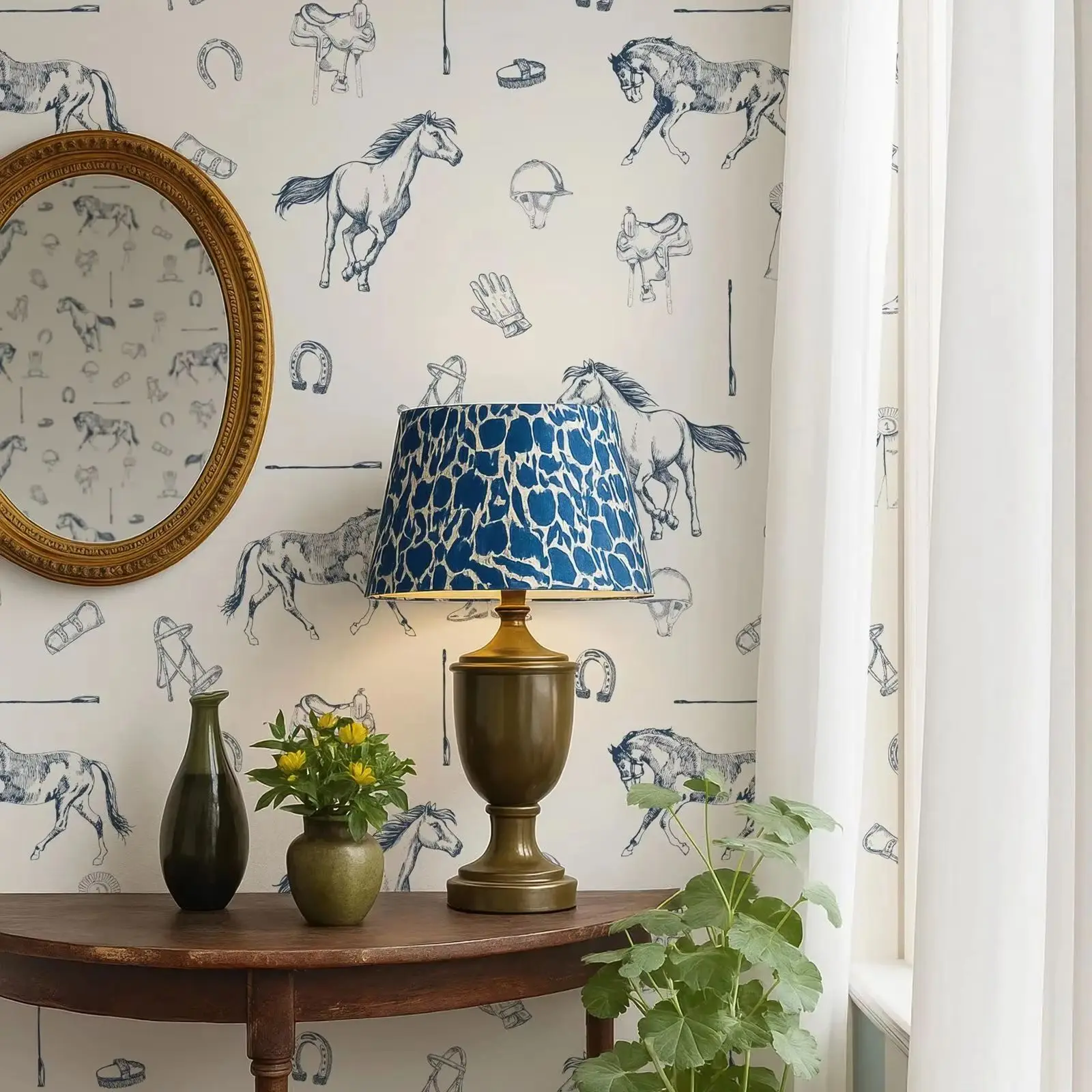 Blue Horse Equestrian Wallpaper Peel and Stick,Whimsical Farm House Wall Mural For Room Decor,Self-adhesive Or Traditional Paper