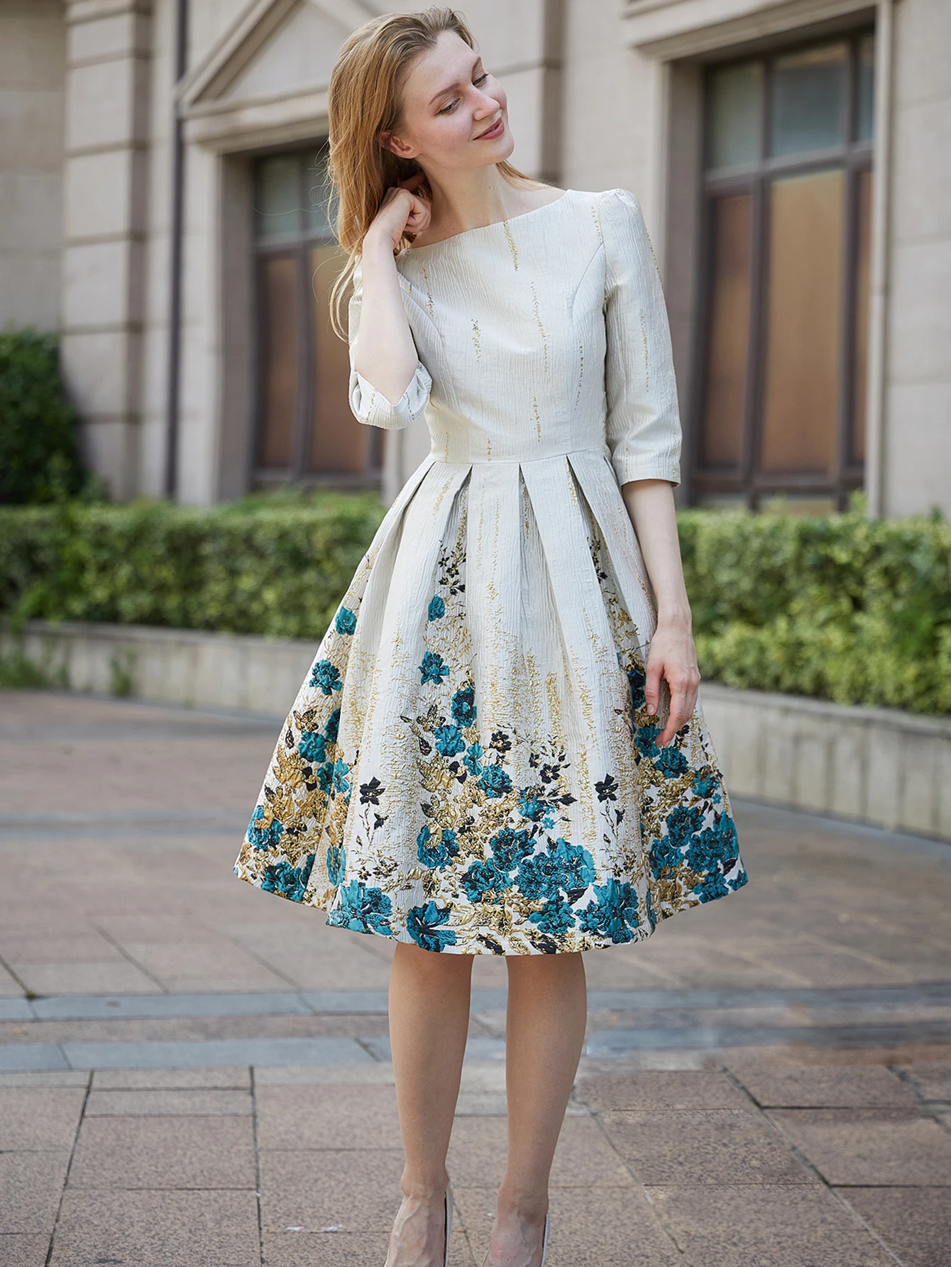DEVCHATA Luxury Women Jacquard Mid-Calf Dress Spring Autumn New Floral Fashion Evening Party Vestidos