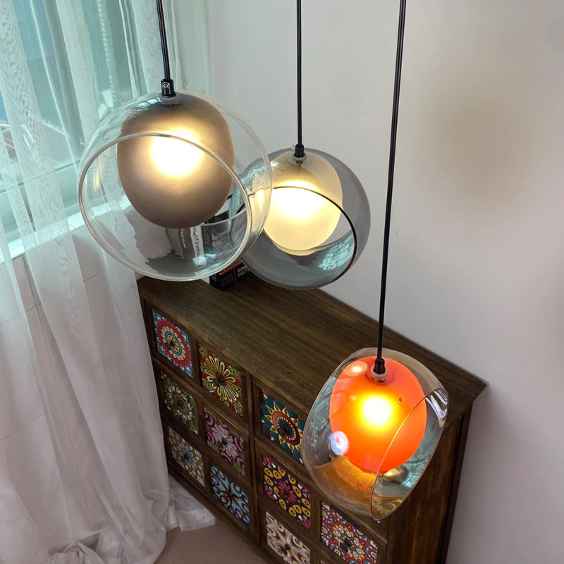 Creative Restaurant Glass Pendant Lamp Amber Smoke Gray Clear Colorful Ball Chandelier Light Bedside Dining Table Kitchen Decor