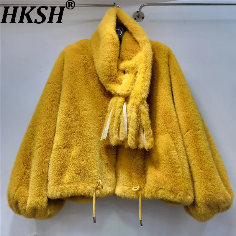 

HKSH 2023, зимнее новое женское пальто из искусственного меха, шарф, воротник, карманы, шнурок, подол, корейская универсальная высококачественная теплая куртка HK14807