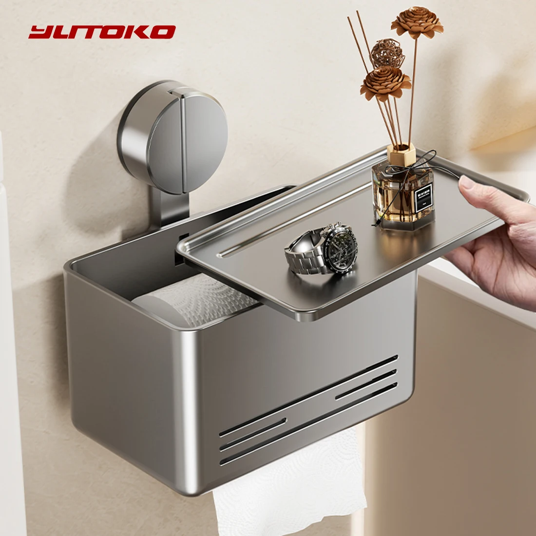 

YUTOKO Suction Cup Toilet Paper Holder with Drawer, Wall Mounted Tissue & Towel Storage Box for Bathroom Living Room